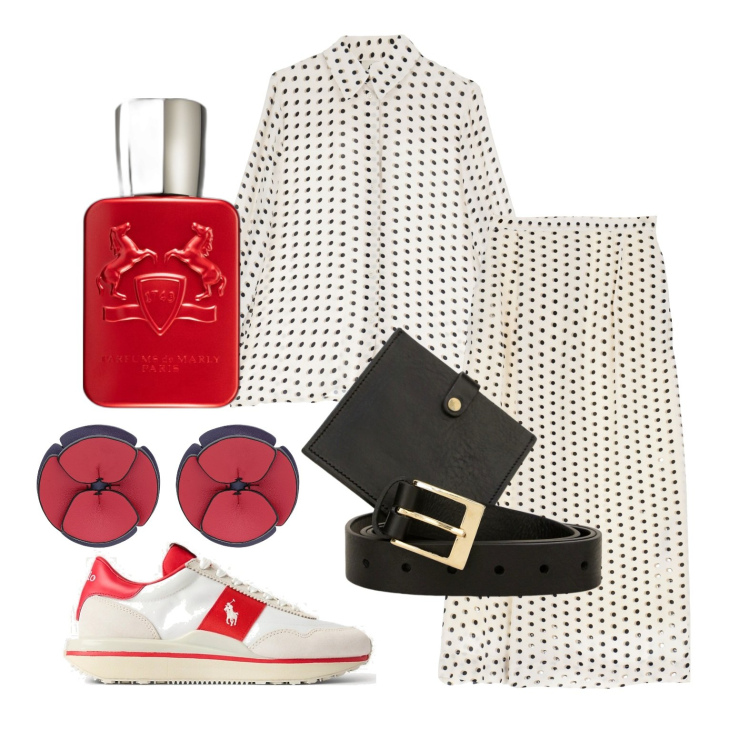 Outfit donna - Pazza per i pois. Stile Trendy per Tutti i giorni. Abbinamento con orecchini, profumi, gonne longuette, cinture, camicie, sneakers.