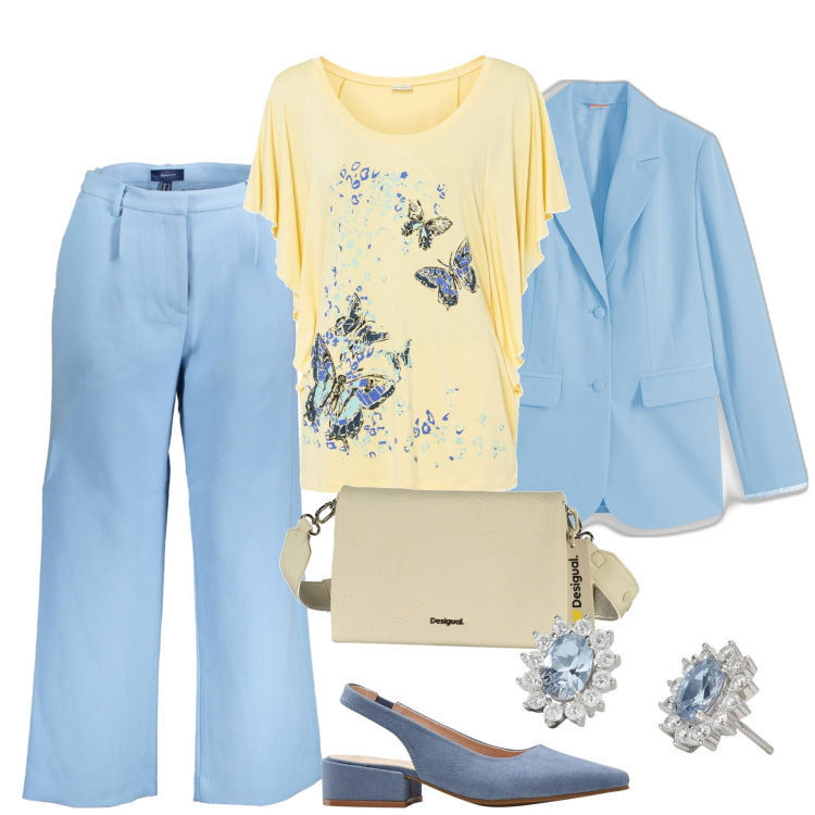 Outfit donna - Giallo e azzurro. Stile Urban per Tutti i giorni. Abbinamento con décolleté, maglieria, blazer, orecchini, pantaloni, borse a spalla.