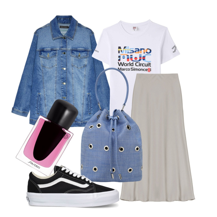 Outfit donna - Capsule Wardrobe: primavera minimal. Stile Minimal per Tutti i giorni. Abbinamento con profumi, t-shirt, gonne longuette, borse a secchiello, blazer, sneakers.