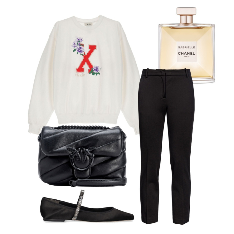 Outfit donna - Primavera minimal. Stile Minimal per Tutti i giorni. Abbinamento con profumi, pantaloni, borse a tracolla, felpe, ballerine.