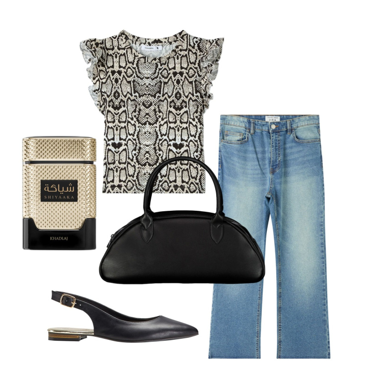 Outfit donna - Oggi pitonata. Stile Trendy per Tutti i giorni. Abbinamento con ballerine, profumi, t-shirt, jeans, borse a spalla.