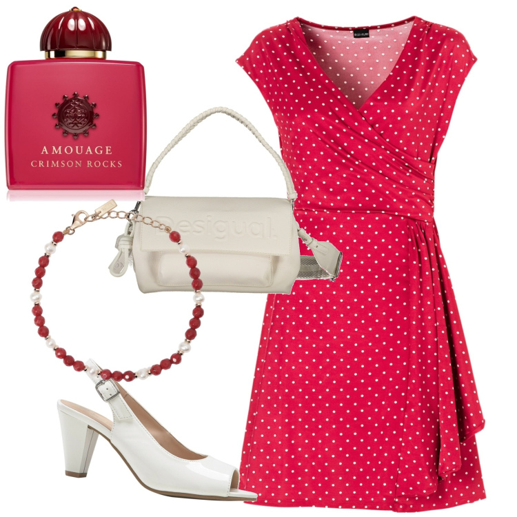 Outfit donna - Pois. Stile Glamour per Tutti i giorni. Abbinamento con vestiti, décolleté, profumi, braccialetti, borse a spalla.