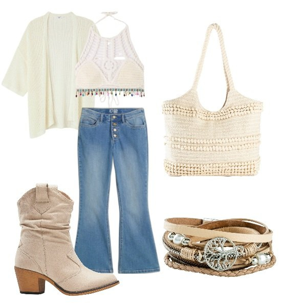 Outfit donna - spirito gitano. Stile Boho per Tutti i giorni. Abbinamento con braccialetti, shopping bag, stivaletti texani, jeans a zampa, kimono, top.