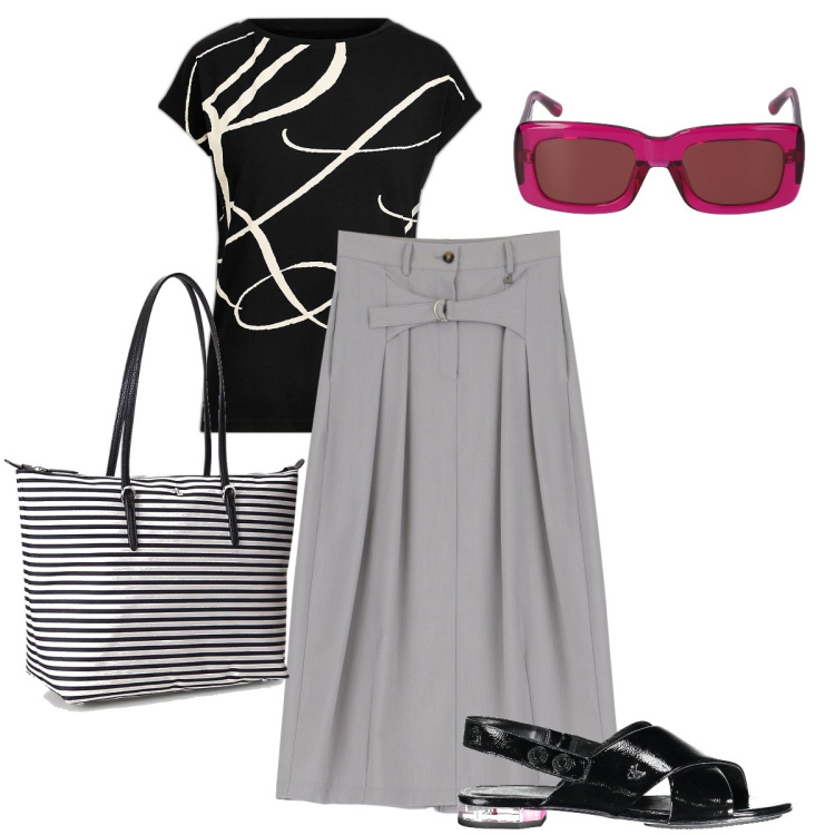 Outfit donna - Gli occhiali a contrasto. Stile Bon Ton per Ufficio. Abbinamento con gonne longuette, maglieria, borse tote, sandali col tacco, occhiali da sole.