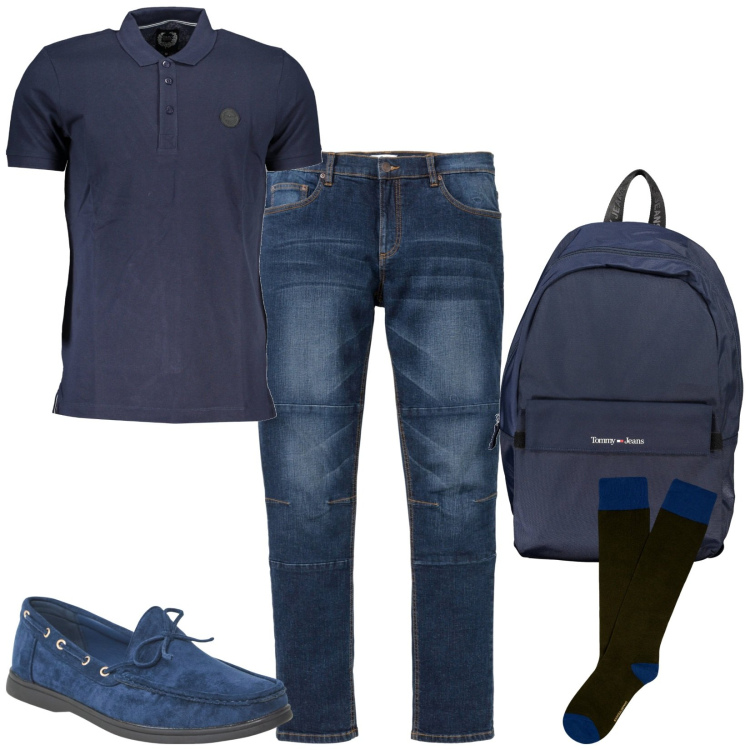 Outfit uomo - Blu scuro. Stile Casual per Tutti i giorni. Abbinamento con jeans, scarpe stringate, calzini, borse sportive, polo.