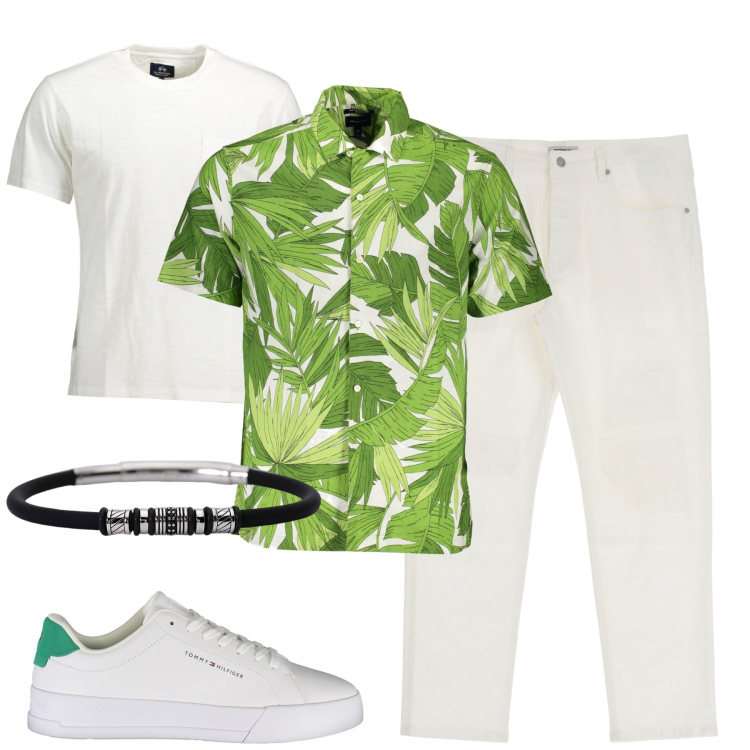 Outfit uomo - La camicia a fiori. Stile Casual per Tutti i giorni. Abbinamento con pantaloni, braccialetti, t-shirt, scarpe sportive, camicie a manica corta.