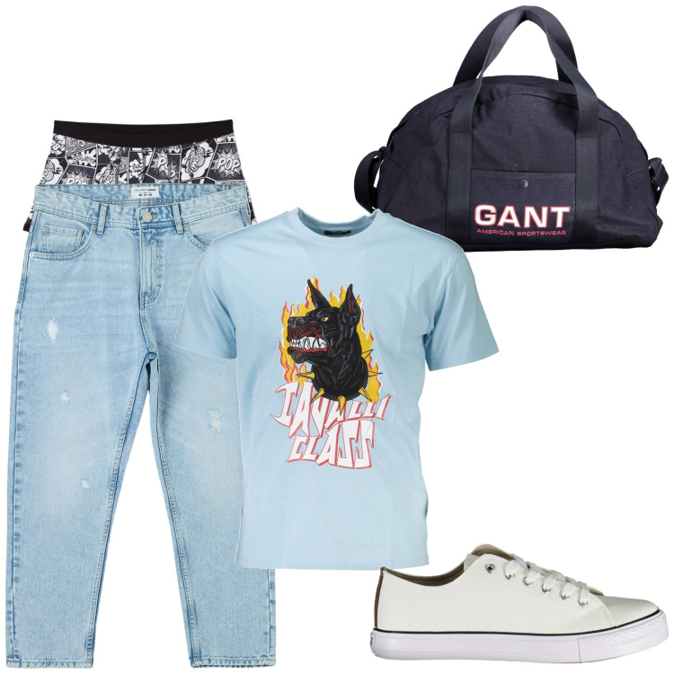 Outfit uomo - T-shirt Cavalli class. Stile Casual per Tutti i giorni. Abbinamento con jeans strappati, boxer, borse sportive, t-shirt, scarpe sportive.