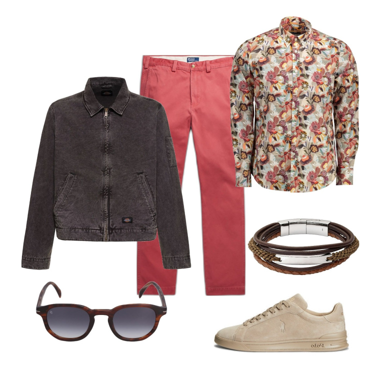 Outfit uomo - Bella stagione. Stile Casual per Tutti i giorni. Abbinamento con braccialetti, sneakers, pantaloni chino, occhiali da sole, camicie, giacche.