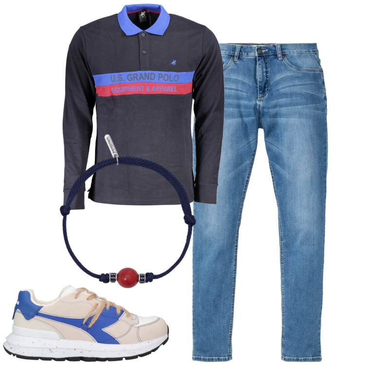 Outfit uomo - Total look #1862052. Stile Urban per Tutti i giorni. Abbinamento con jeans, sneakers, braccialetti, polo.