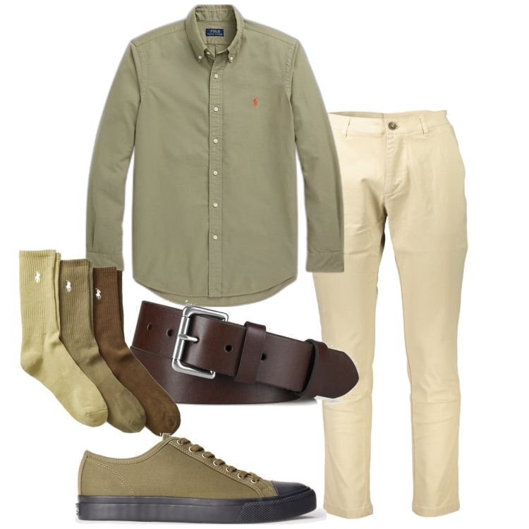 Outfit uomo - Muschio di primavera. Stile Casual per Tutti i giorni. Abbinamento con sneakers, calzini, cinture, camicie, pantaloni.