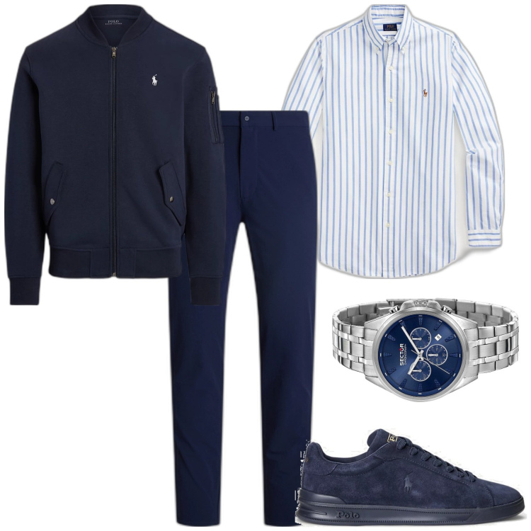 Outfit uomo - Blu cacciatore. Stile Business/Elegante per Ufficio. Abbinamento con orologi, camicie, sneakers, bomber, pantaloni.