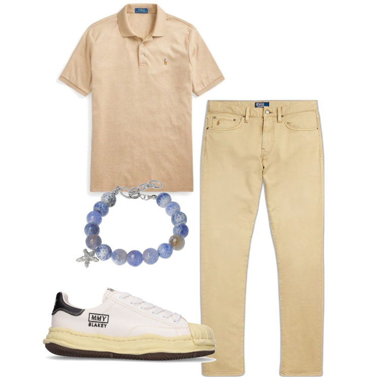 Outfit uomo - City. Stile Casual per Tutti i giorni. Abbinamento con polo, pantaloni chino, sneakers, braccialetti.