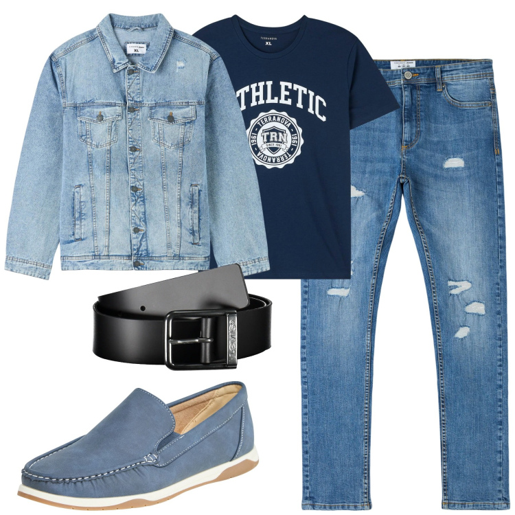Outfit uomo - Total look #1862086. Stile Casual per Tutti i giorni. Abbinamento con t-shirt, scarpe stringate, giacche, jeans strappati, cinture.