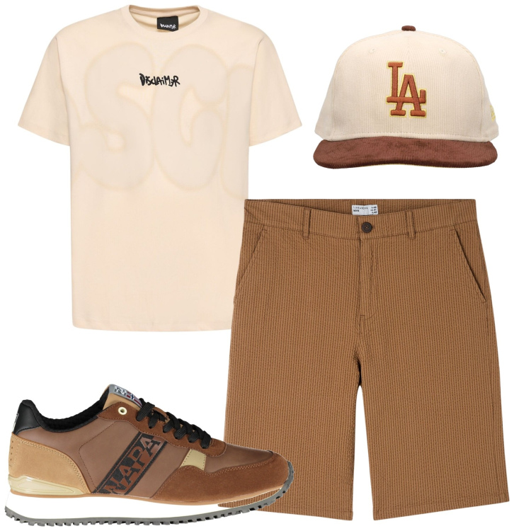 Outfit uomo - City. Stile Urban per Tutti i giorni. Abbinamento con bermuda, t-shirt, scarpe sportive, cappelli.