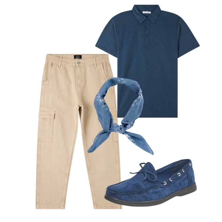 Outfit uomo - City. Stile Casual per Tutti i giorni. Abbinamento con scarpe stringate, polo, pantaloni cargo, sciarpe e foulard.