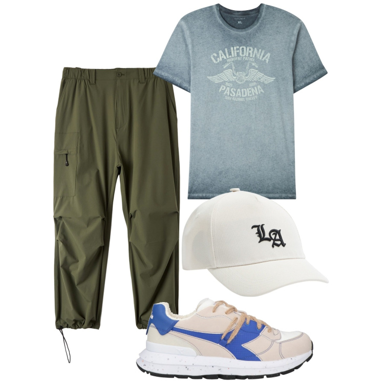 Outfit uomo - City. Stile Casual per Tutti i giorni. Abbinamento con sneakers, t-shirt, pantaloni, cappelli.
