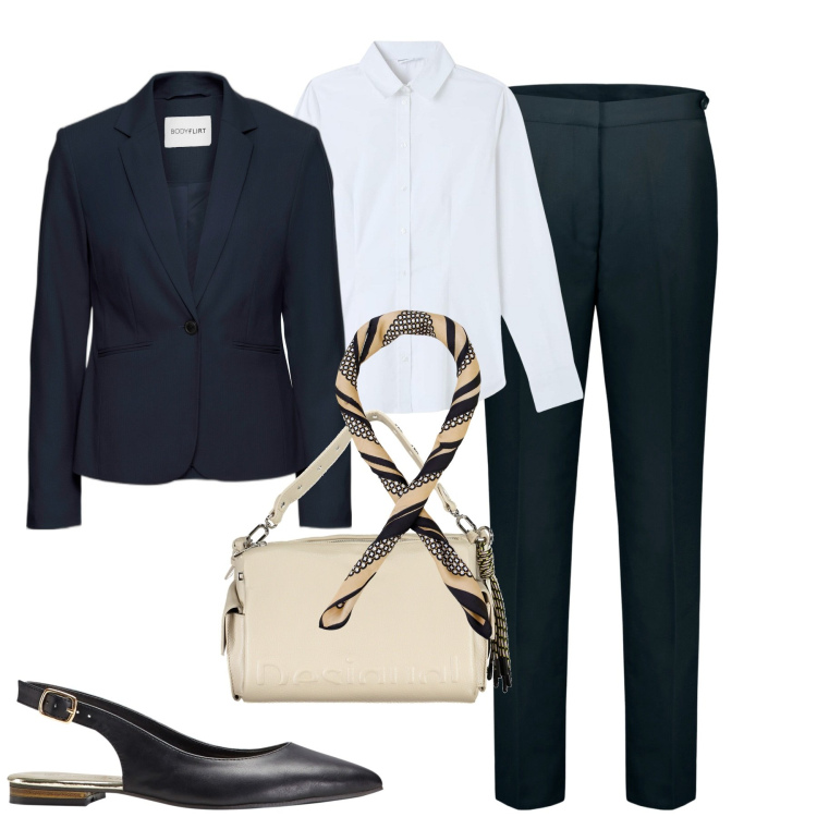 Outfit donna - Ufficio. Stile Chic per Ufficio. Abbinamento con blazer, ballerine, camicie, foulard, pantaloni, borse a spalla.