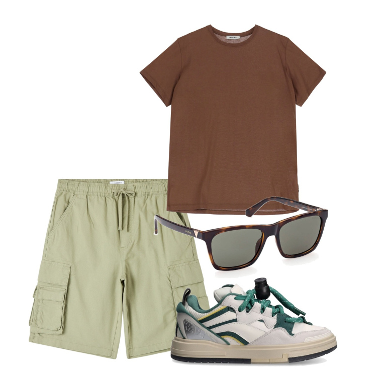 Outfit uomo - City. Stile Casual per Tutti i giorni. Abbinamento con pantaloni corti, t-shirt, occhiali da sole, sneakers.