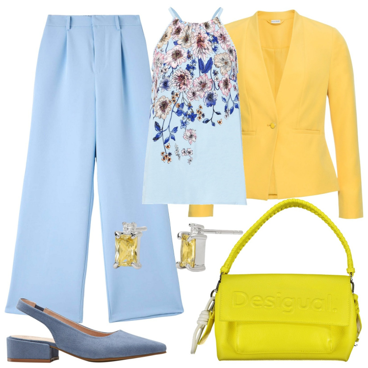 Outfit donna - Giallo e azzurro bon ton. Stile Bon Ton per Tutti i giorni. Abbinamento con top, blazer, décolleté, pantaloni, orecchini, borse a spalla.