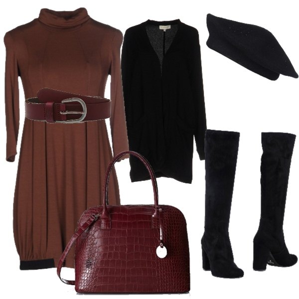 Outfit donna - Trendy #24197. Stile Trendy per Tutti i giorni. Abbinamento con vestito corto con arricciature collo alto a maniche lunghe interno sfoderato senza tasche jersey, stivali effetto scamosciato con tacco squadrato e punta tonda tinta unita, cardigan crêpe, borsetta rosso, cappello taglia unica nero, cintura rosso.