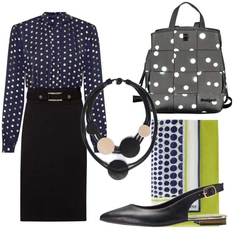 Outfit donna - Total look #1862144. Stile Vintage retrò per Ufficio. Abbinamento con ballerine, vestiti corti, foulard, collane, zaini.