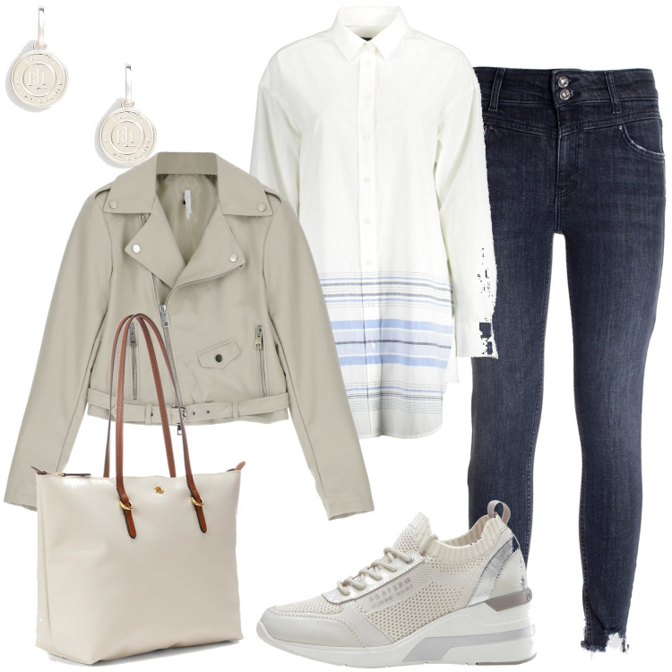 Outfit donna - Total look #1862154. Stile Casual per Tutti i giorni. Abbinamento con sneakers, jeans skinny, giacche, borse tote, orecchini, camicie.