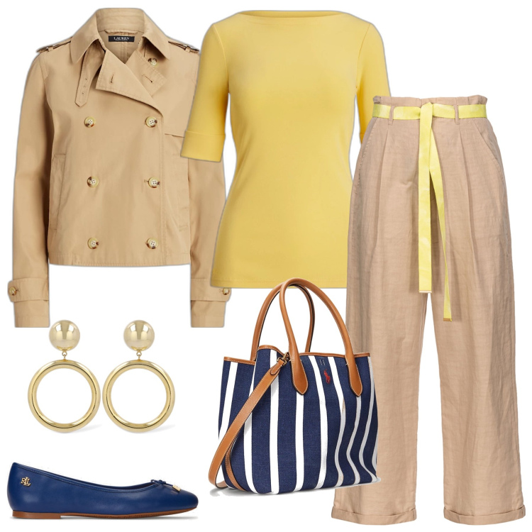 Outfit donna - Beige giallo e blu. Stile Minimal per Tutti i giorni. Abbinamento con pantaloni, ballerine, cappotti, borse tote, t-shirt, orecchini.