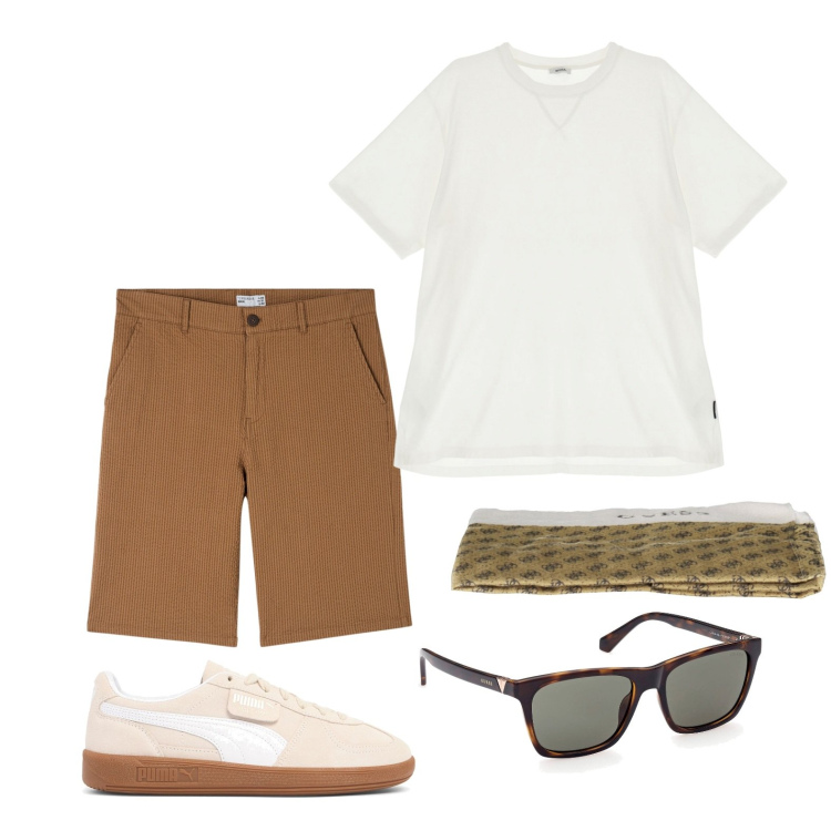 Outfit uomo - In scioltezza. Stile Trendy per Tutti i giorni. Abbinamento con bermuda, t-shirt, sneakers, sciarpe, occhiali da sole.
