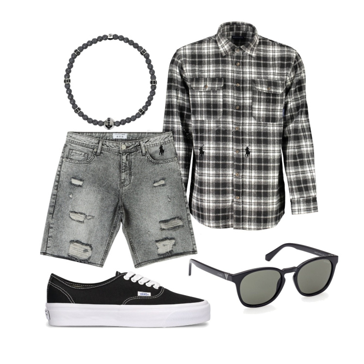 Outfit uomo - Mezza stagione. Stile Casual per Tutti i giorni. Abbinamento con shorts, braccialetti, calzini, camicie, occhiali da sole, sneakers.
