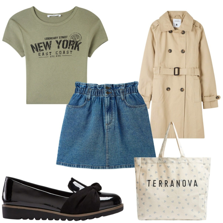 Outfit donna - Total look #1862173. Stile Trendy per Tutti i giorni. Abbinamento con mocassini, trench, minigonne, shopping bag, t-shirt.