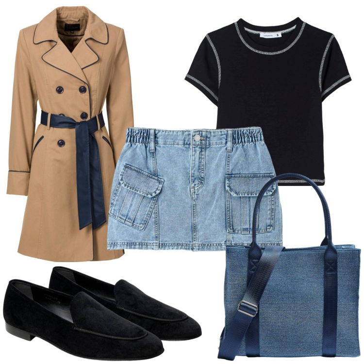 Outfit donna - Total look #1862174. Stile Trendy per Tutti i giorni. Abbinamento con trench, t-shirt, shopping bag, minigonne, mocassini.