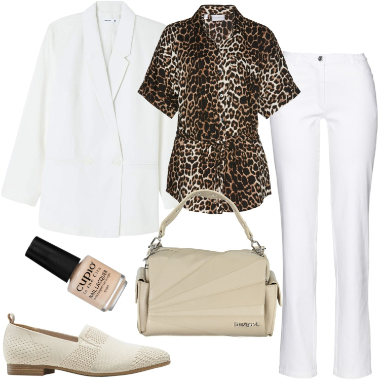 Outfit donna - Total look #1862176. Stile Casual per Ufficio. Abbinamento con pantaloni, camicie a manica corta, mocassini, smalti, blazer, borse a spalla.