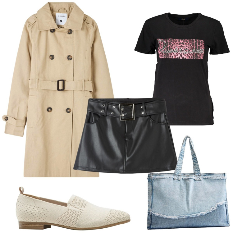 Outfit donna - Total look #1862177. Stile Trendy per Tutti i giorni. Abbinamento con mocassini, trench, shopping bag, minigonne, t-shirt.