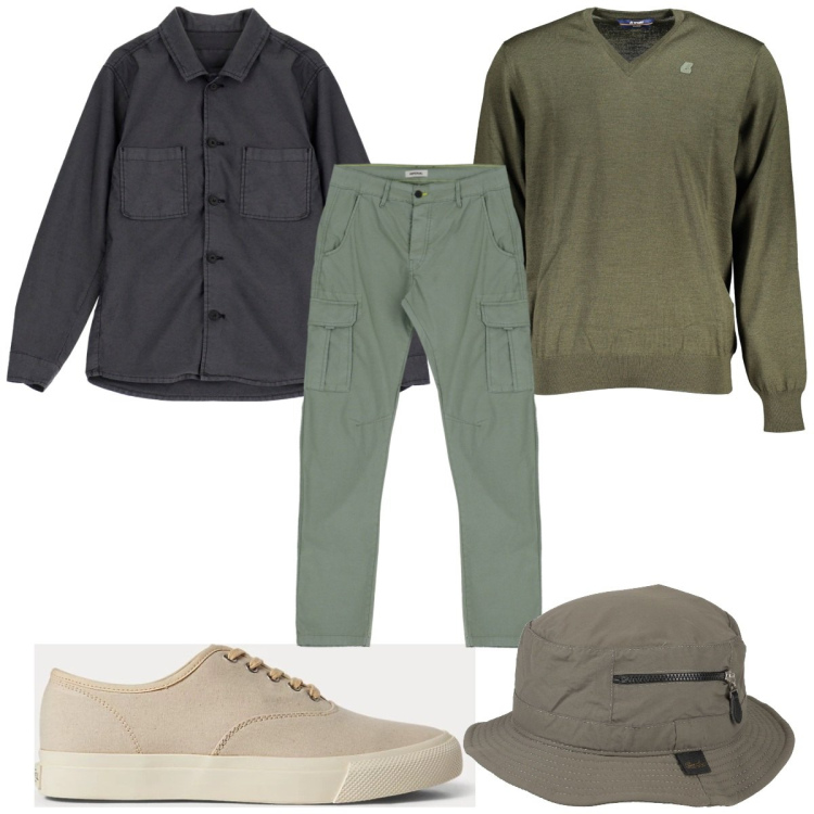 Outfit uomo - Total look #1862185. Stile Trendy per Tutti i giorni. Abbinamento con cappelli, pantaloni cargo, camicie, sneakers, maglieria.