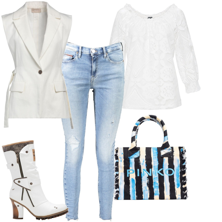 Outfit donna - Total look #1862189. Stile Casual per Tutti i giorni. Abbinamento con maglieria, stivali, blazer, shopping bag, jeans skinny.