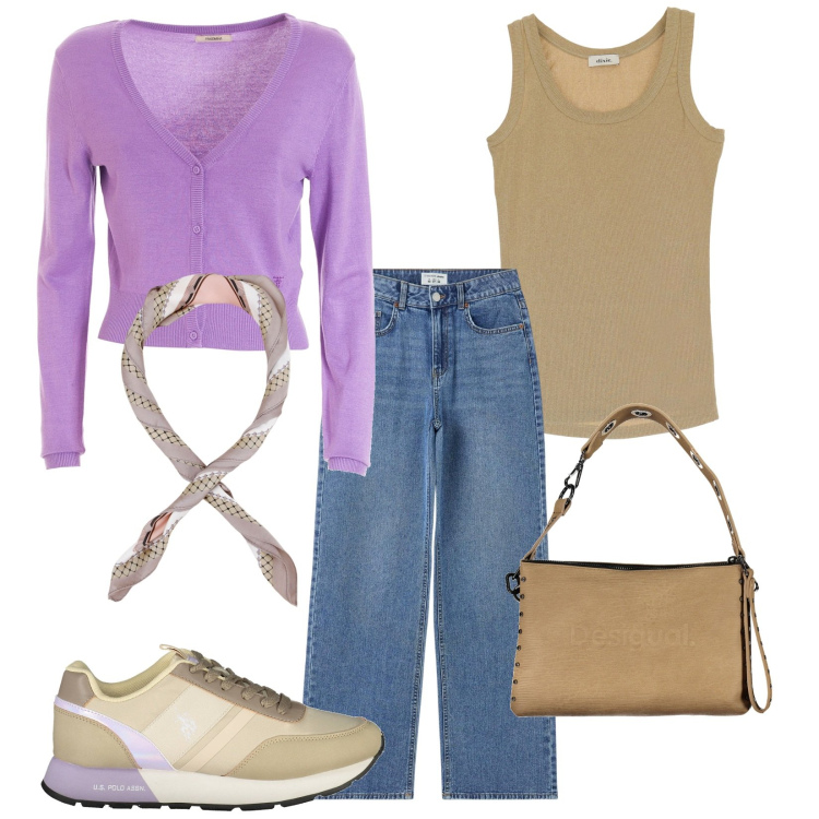 Outfit donna - Pomeriggio. Stile Casual per Tutti i giorni. Abbinamento con jeans, foulard, cardigans, top, scarpe sportive, borse a spalla.