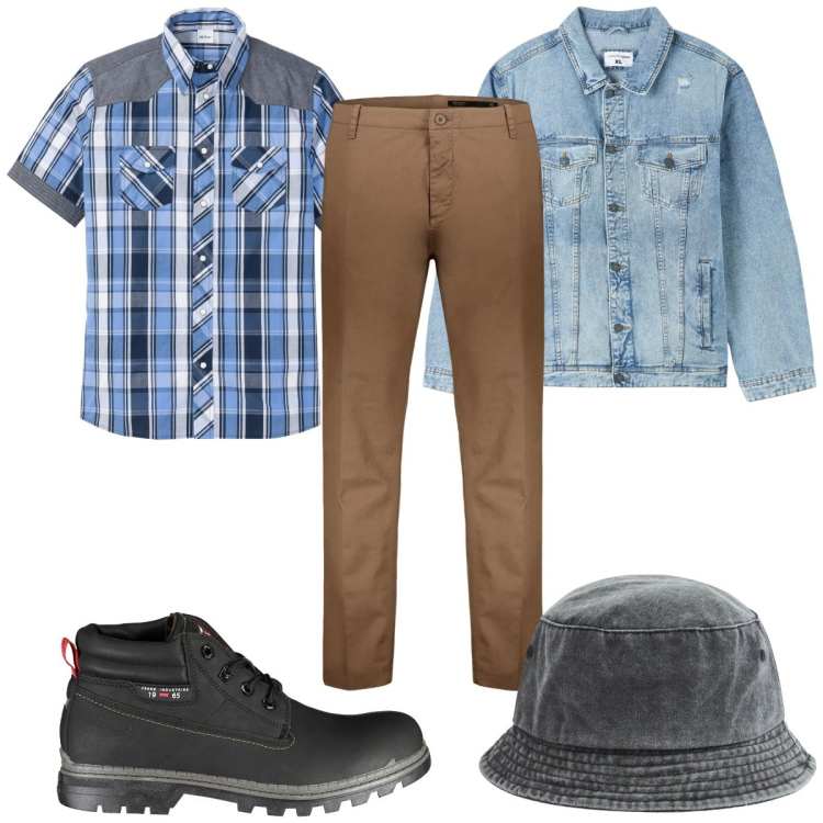 Outfit uomo - Total look #1862203. Stile Casual per Tutti i giorni. Abbinamento con camicie a manica corta, giacche, cappelli, pantaloni, stivali.