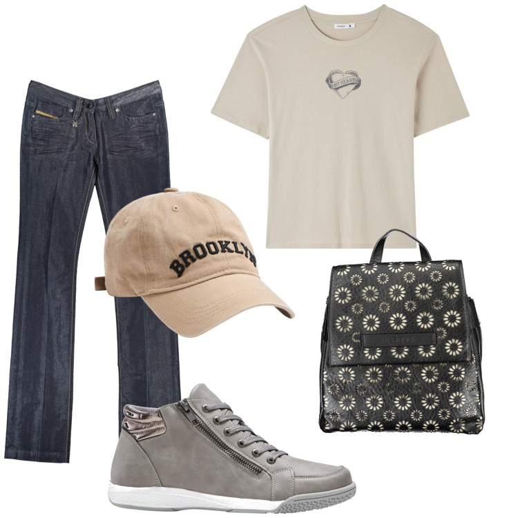 Outfit donna - Total look #1862208. Stile Urban per Tutti i giorni. Abbinamento con sneakers alte, t-shirt, cappelli, zaini, jeans.