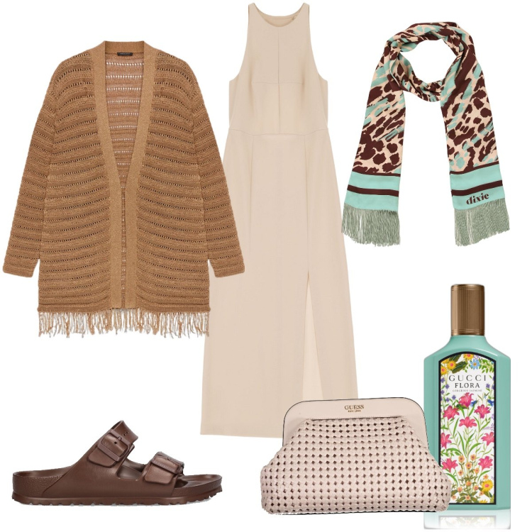 Outfit donna - Total look #1862212. Stile Boho per Tutti i giorni. Abbinamento con profumi, vestiti midi/longuette, sciarpe, sandali, borse a mano, cardigans.