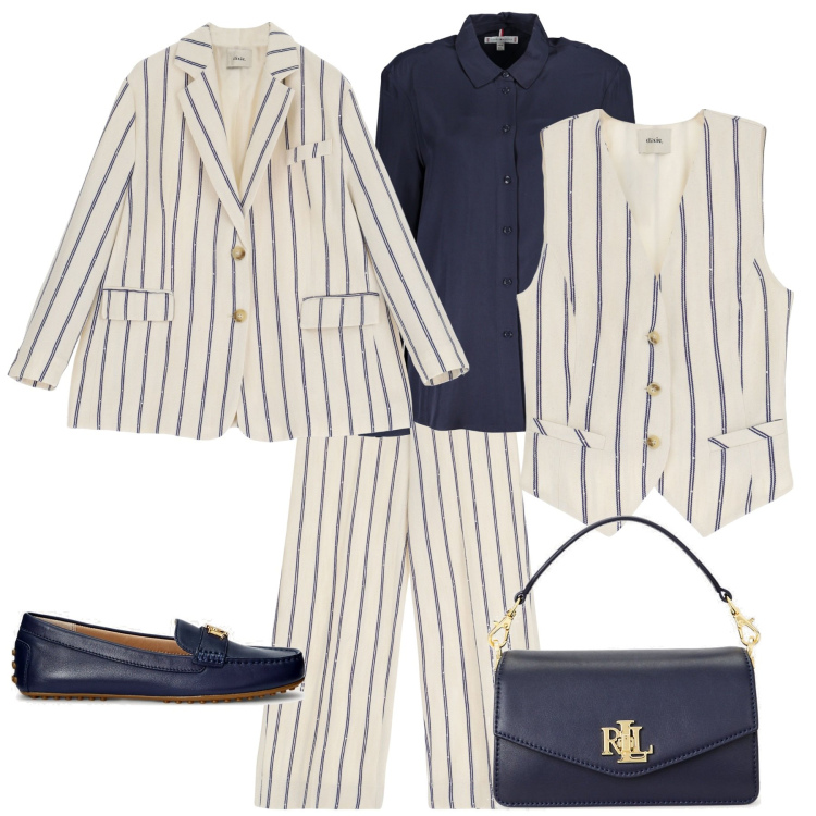 Outfit donna - Trendy in ufficio business woman. Stile Trendy per Ufficio. Abbinamento con pantaloni, blazer, gilet, mocassini, borse a tracolla, camicie.