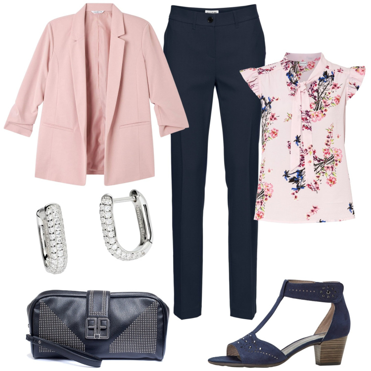 Outfit donna - Alla laurea di Fausto. Stile Chic per Cerimonia. Abbinamento con bluse, pantaloni, sandali col tacco, blazer, orecchini, pochette.