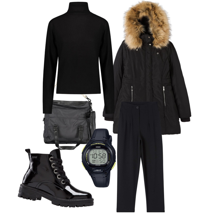 Outfit donna - Inverno di primavera. Stile Basic per Tutti i giorni. Abbinamento con stivaletti, orologi, pantaloni chino, parka, maglieria, borse a spalla.