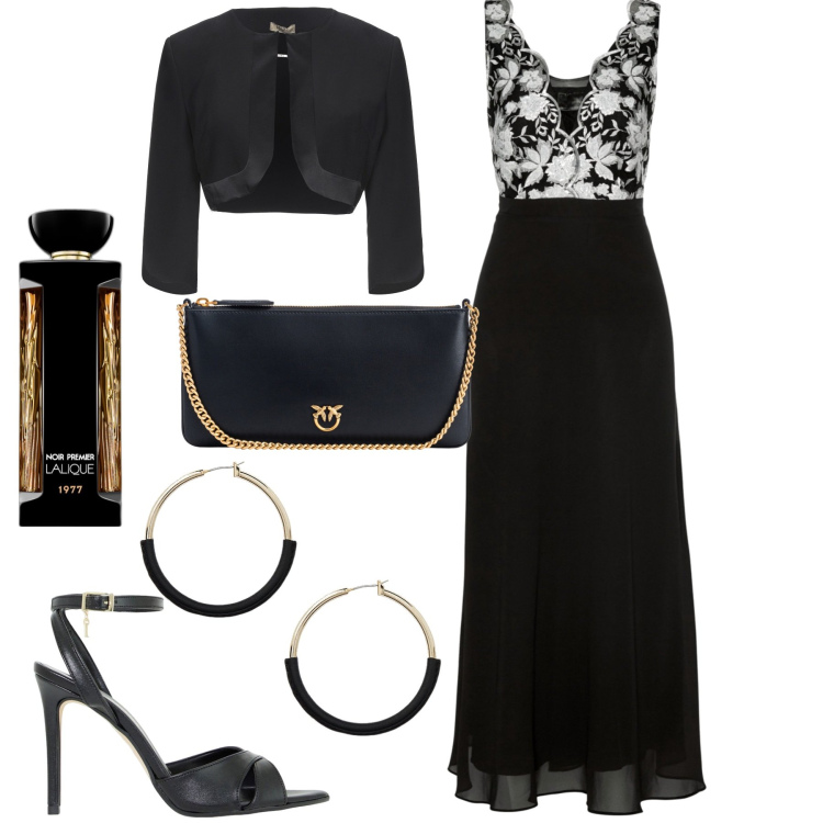 Outfit donna - Serata. Stile Chic per Serata fuori. Abbinamento con vestiti, blazer, profumi, borse a tracolla, décolleté, orecchini.