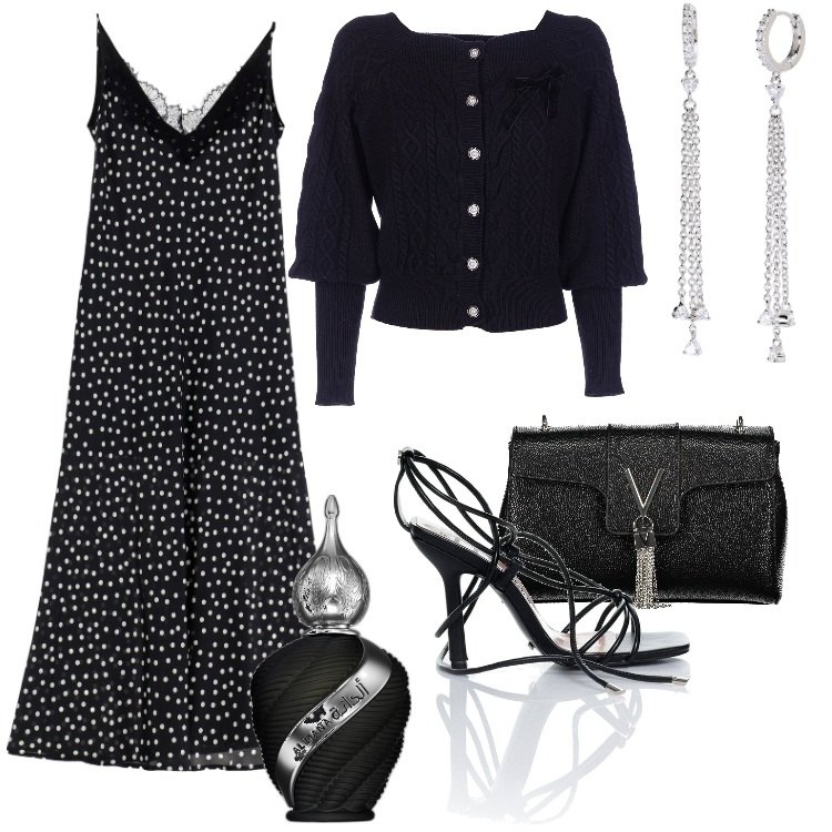 Outfit donna - Total look #1862255. Stile Sexy per Serata fuori. Abbinamento con profumi, orecchini, cardigans, sandali alla schiava, vestiti lunghi, borse a tracolla.