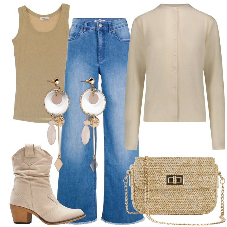 Outfit donna - Earth day. Stile Casual per Tutti i giorni. Abbinamento con jeans, orecchini, borse a mano, stivaletti texani, top, cardigans.