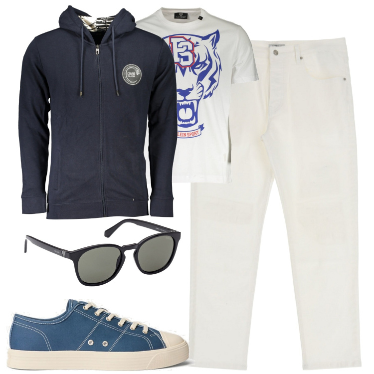 Outfit uomo - Aprile fresco. Stile Casual per Tutti i giorni. Abbinamento con pantaloni, sneakers, occhiali da sole, t-shirt, felpe con cappuccio.