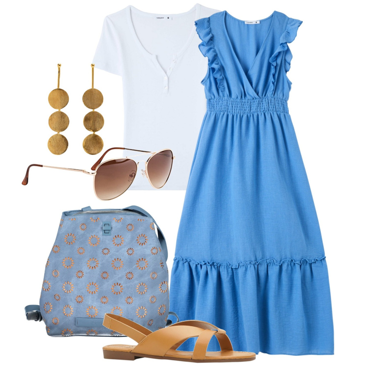 Outfit donna - Il cielo pulito. Stile Bon Ton per Tutti i giorni. Abbinamento con sandali, occhiali da sole, vestiti lunghi, t-shirt, zaini, orecchini.