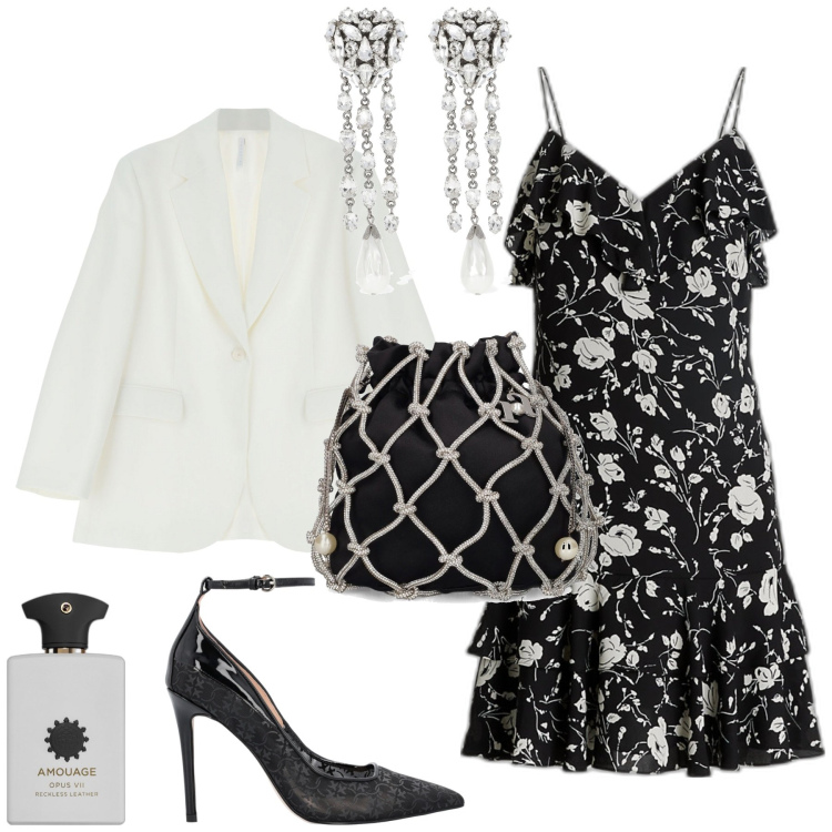 Outfit donna - Romantica cerimonia evento serata. Stile Romantica per Cerimonia. Abbinamento con profumi, décolleté, blazer, vestiti senza maniche, pochette, orecchini.