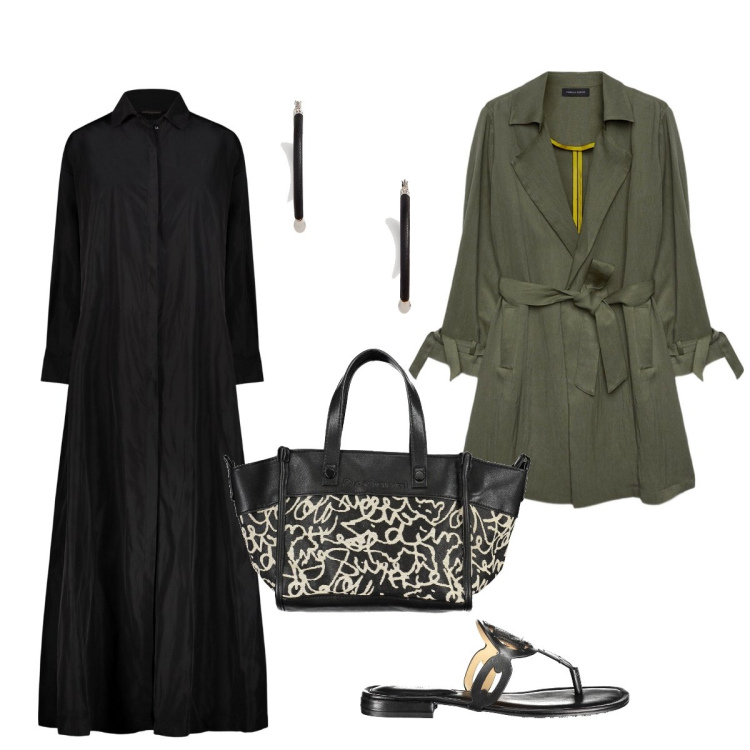 Outfit donna - Linee semplici. Stile Casual chic per Tutti i giorni. Abbinamento con orecchini, vestiti, collane, trench, infradito.