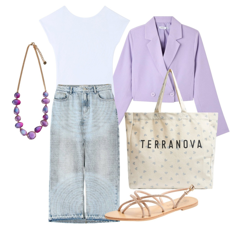 Outfit donna - Ghost outfitter - aprile. Stile Glamour per Tutti i giorni. Abbinamento con t-shirt, sandali, gonne lunghe, blazer, shopping bag, collane.